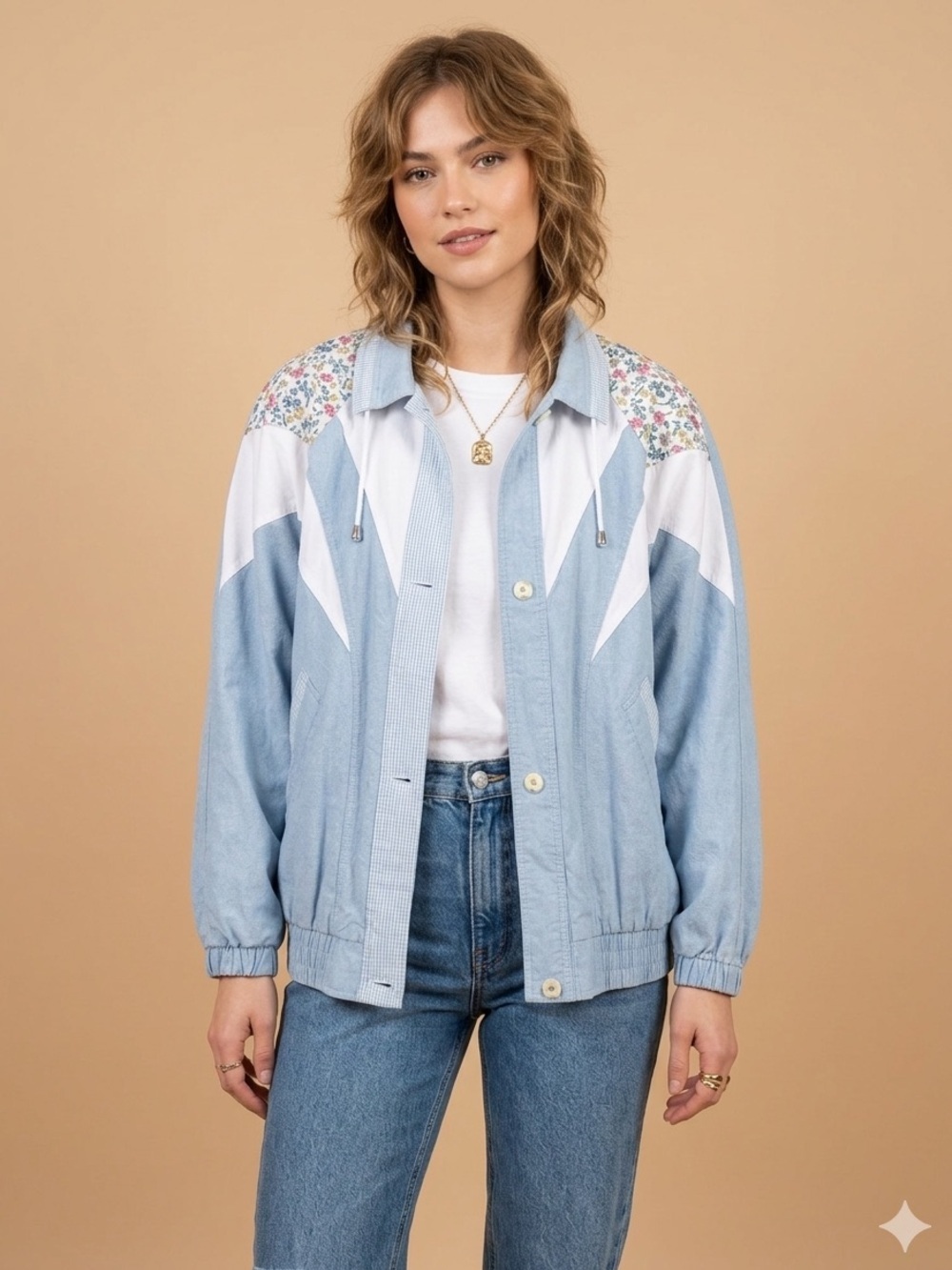Vintage Westport Ltd Light Blue Floral Colorblock Windbreaker Jacket Women’s M